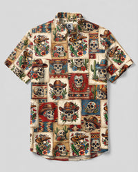 WESTERN SKULL PATCHWORK BUTTON-DOWN COLLAR SHIRT  - TLTW0309262
