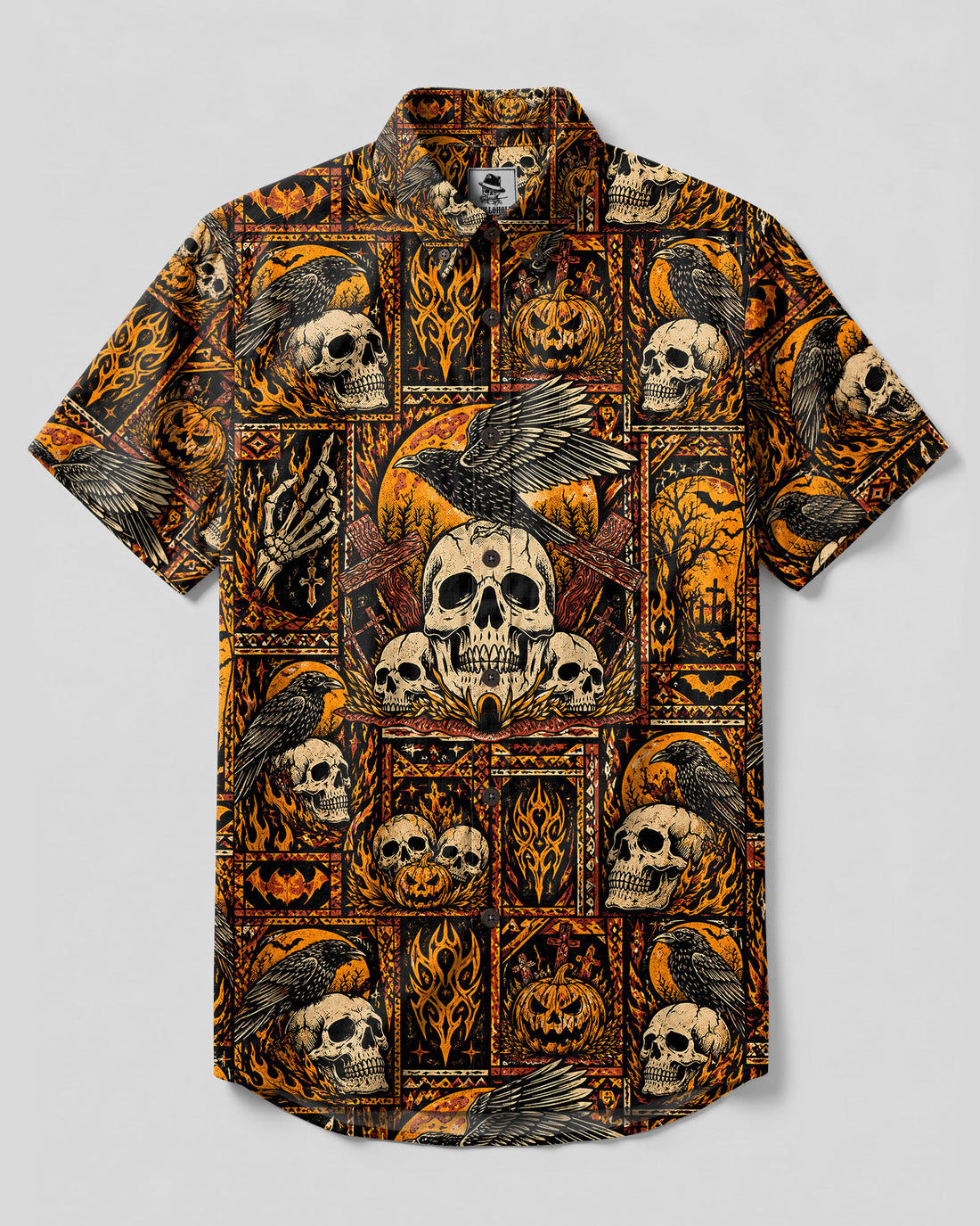 SKULL RAVEN HALLOWEEN PATCHWORK BUTTON-DOWN COLLAR SHIRT  - TLTW0709262