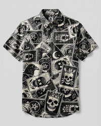 MYSTIC RAVEN AND SKULL TAROT PATCHWORK BUTTON-DOWN COLLAR SHIRT - TYLN260826