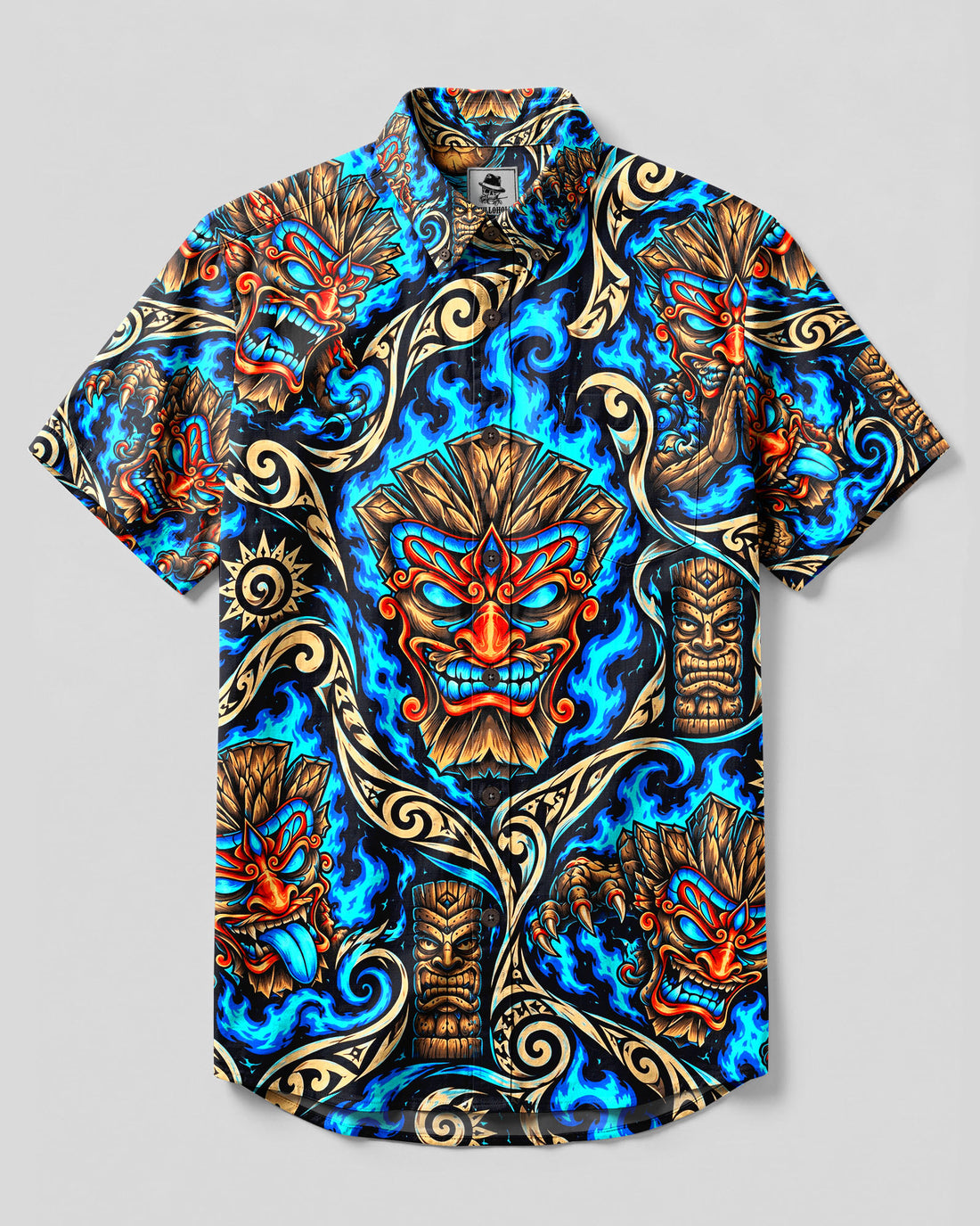 TIKI DEMON TRIBAL PATCHWORK BUTTON-DOWN COLLAR SHIRT - YHLN2309266