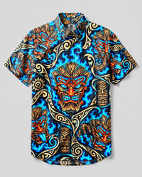 TIKI DEMON TRIBAL PATCHWORK BUTTON-DOWN COLLAR SHIRT - YHLN2309266