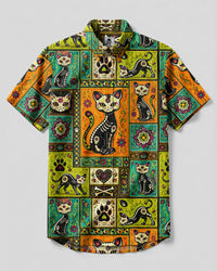 DIA DE LOS MUERTOS BLACK CAT MOSAIC BUTTON-DOWN COLLAR SHIRT - TLHG1809267