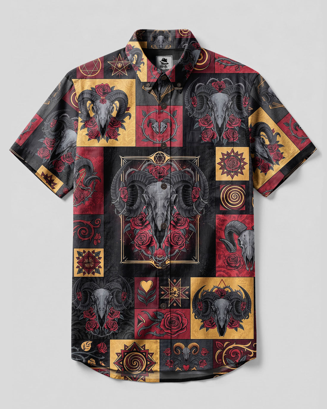 GOTHIC SKULL AND ROSE PATCHWORK BUTTON-DOWN COLLAR SHIRT - TYLN0406292