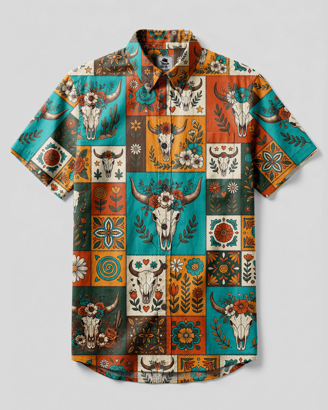WESTERN FLORAL SKULL PATCHWORK BUTTON-DOWN COLLAR SHIRT - TYLN2908262