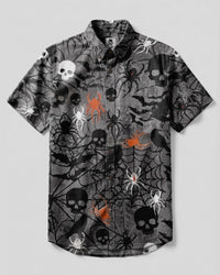 WICKED SPIDERWEB HALLOWEEN RAVEN AND SKULL PATTERN BUTTON-DOWN COLLAR SHIRT - TYLN2608268