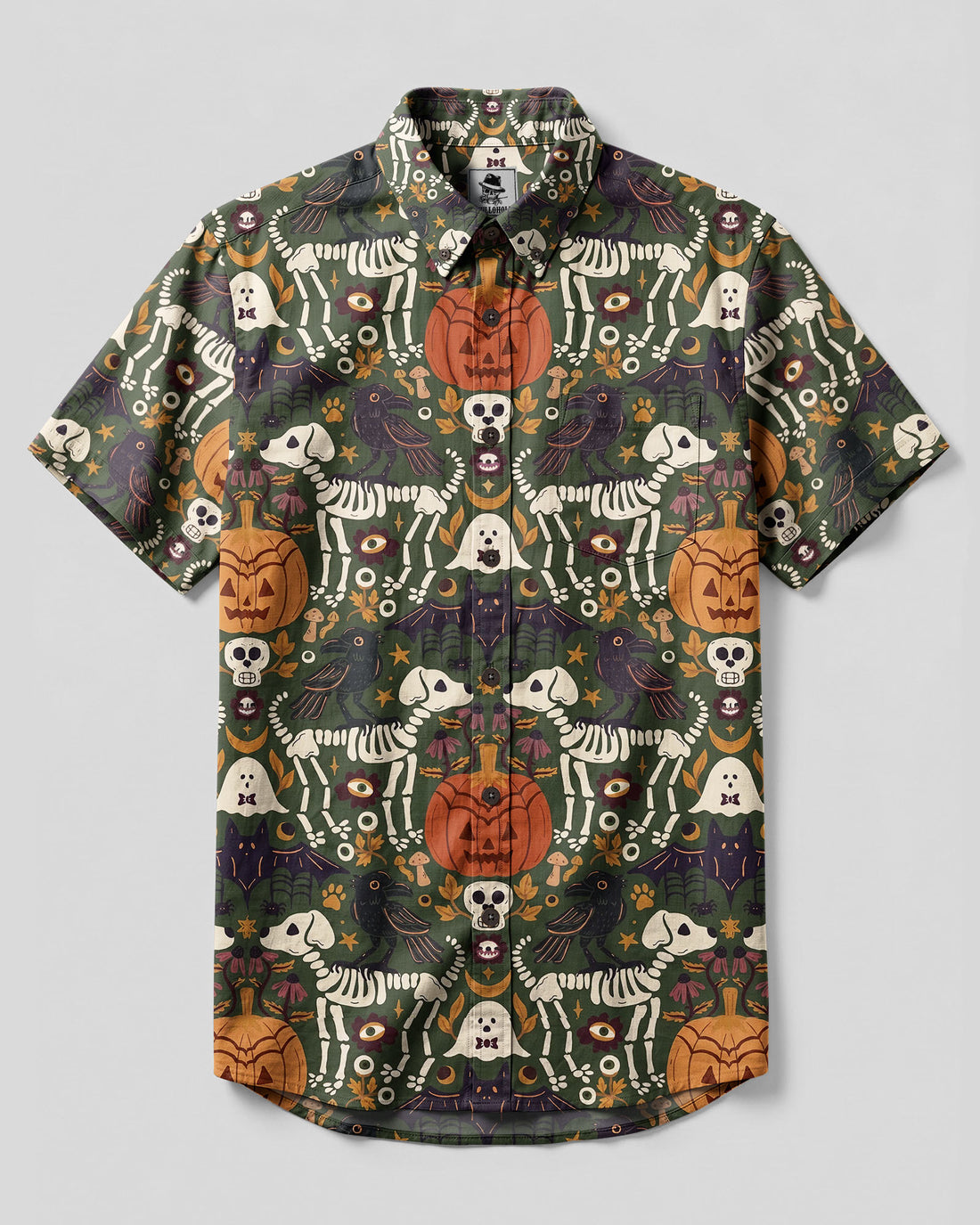GOTHIC OLIVE SKELETON DOG AND RAVEN HALLOWEEN BUTTON-DOWN COLLAR SHIRT - TYLN0409265