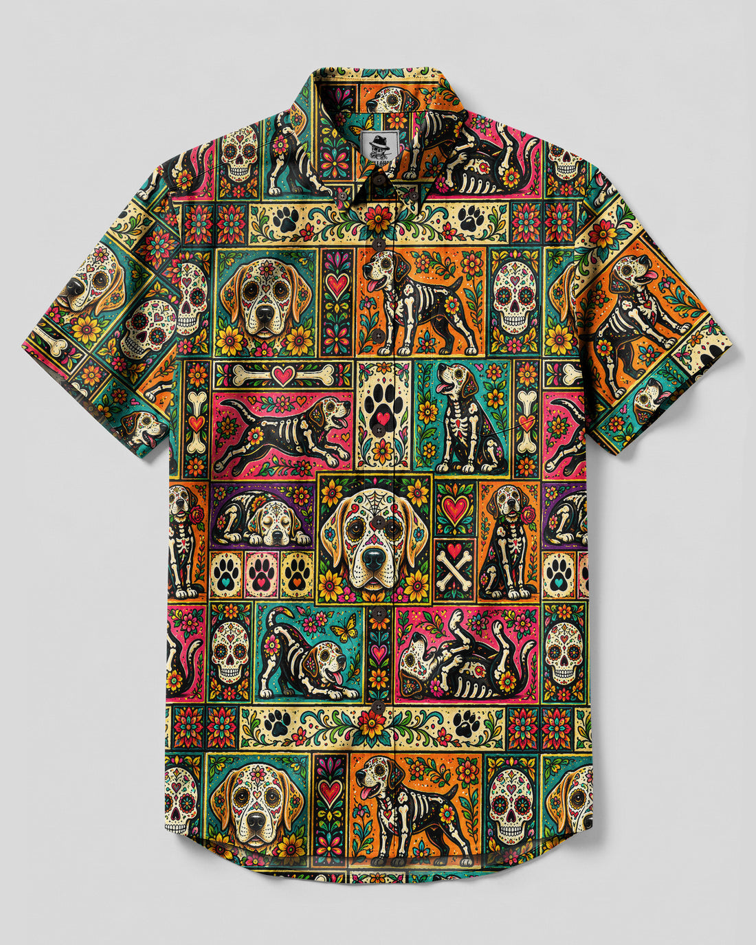 LABRADOR SUGAR SKULL DOG BUTTON-DOWN COLLAR SHIRT - TLNO1909264