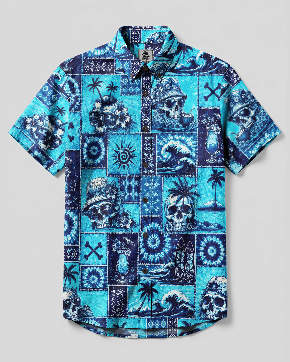 TROPICAL SKULL ISLAND PATCHWORK BUTTON-DOWN COLLAR SHIRT  - TLNO0508261