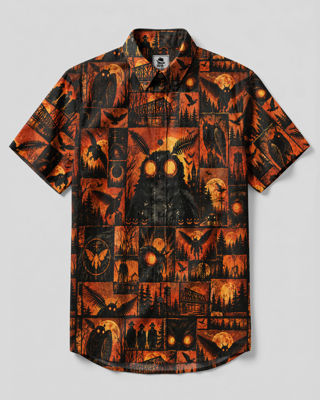 HORROR MIDNIGHT MOTHMAN PATCHWORK BUTTON-DOWN COLLAR SHIRT - TLNO2609264