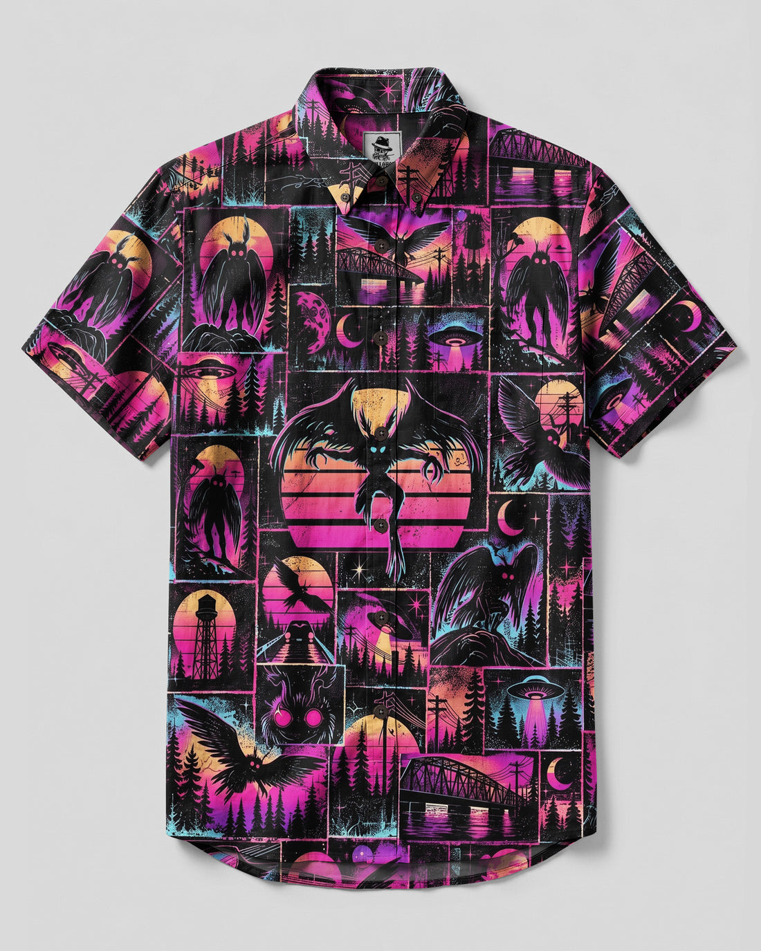 NEON MOTHMAN SYNTHWAVE PATCHWORK BUTTON-DOWN COLLAR SHIRT - TLNO2609262