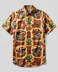COWBOY SKULL WESTERN PATCHWORK BUTTON-DOWN COLLAR SHIRT  - TLNT04092610