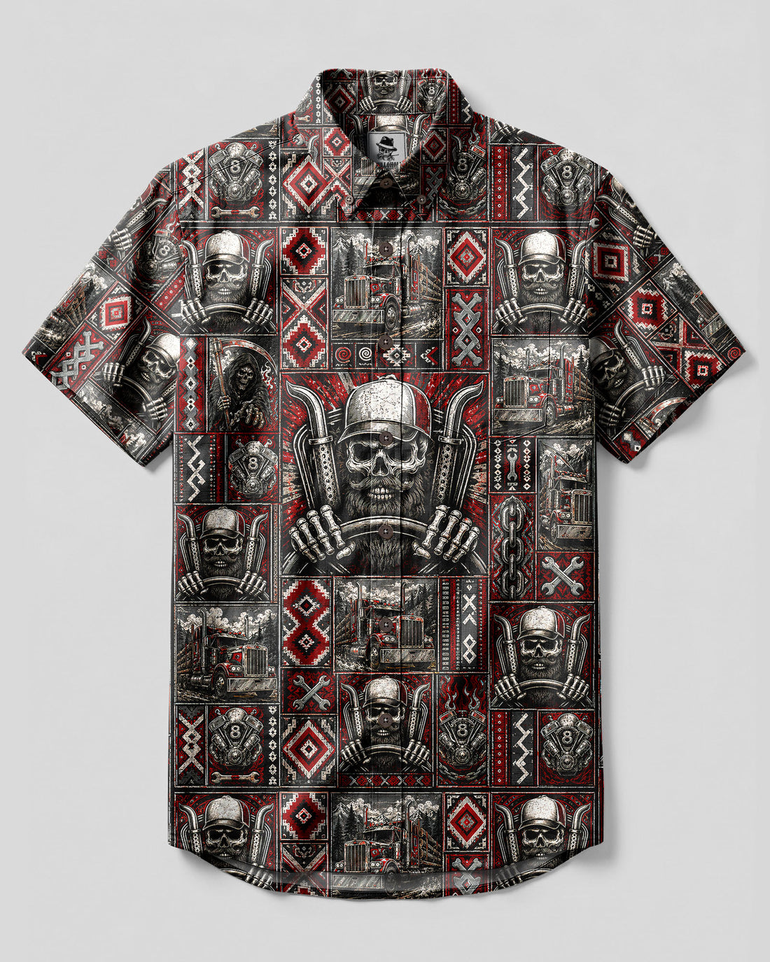 HIGHWAY TRIBAL SKULL TRUCKER PATCHWORK BUTTON-DOWN COLLAR SHIRT  - TLNT2608262