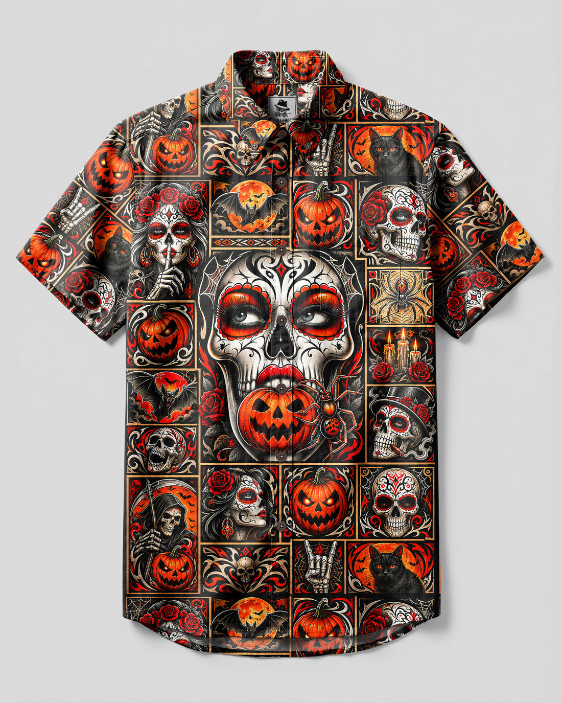 SUGAR SKULL DAY OF THE DEAD HALLOWEEN PATCHWORK BUTTON-DOWN COLLAR SHIRT  - TLNT0409264