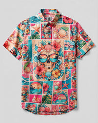 PINK TROPICAL CORAL SKULL PATCHWORK BUTTON-DOWN COLLAR SHIRT - TYLN1308262