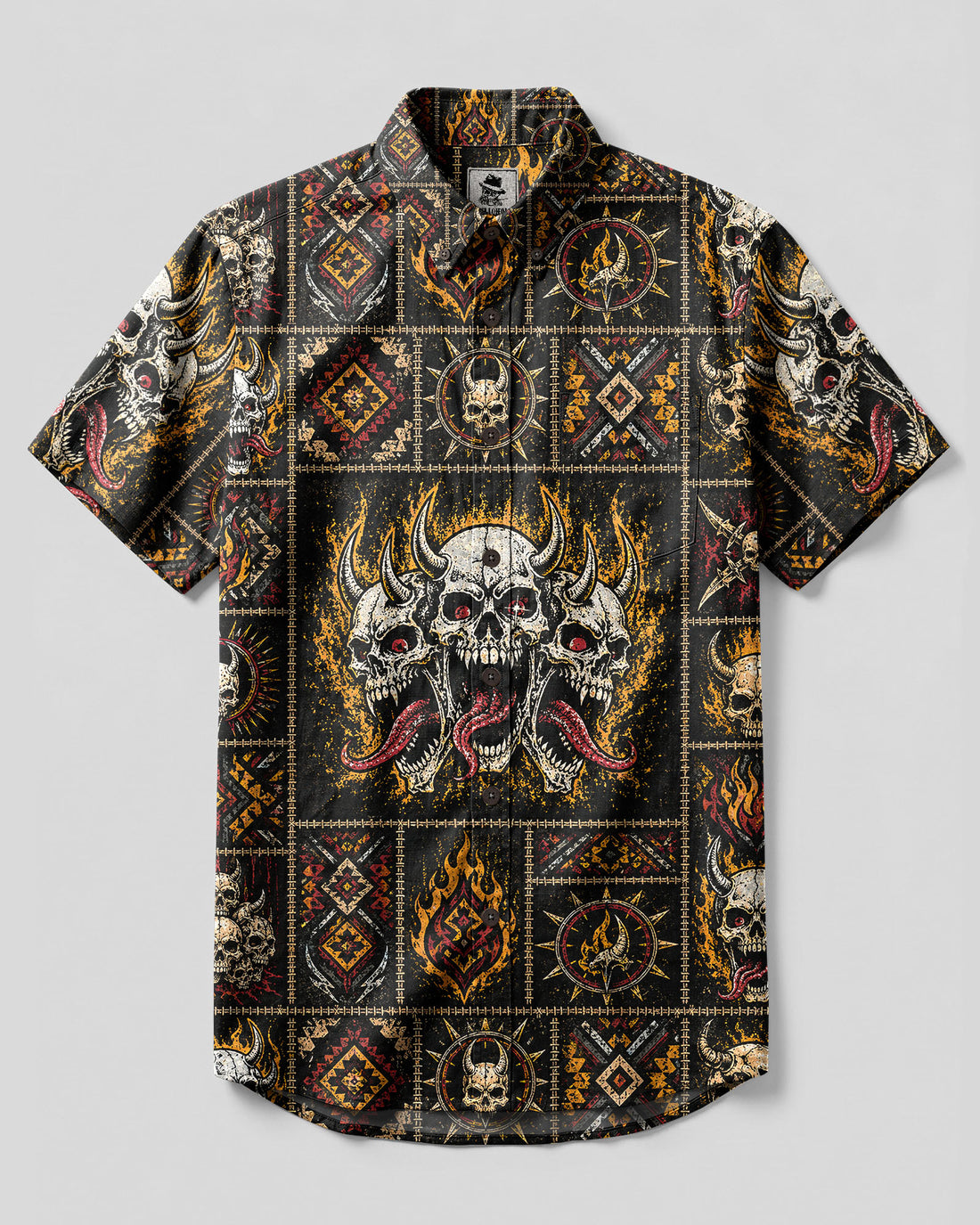 DEMON SKULL TRIBAL PATCHWORK BUTTON-DOWN COLLAR SHIRT  - TLHG1108262