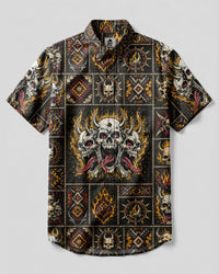 DEMON SKULL TRIBAL PATCHWORK BUTTON-DOWN COLLAR SHIRT  - TLHG1108262