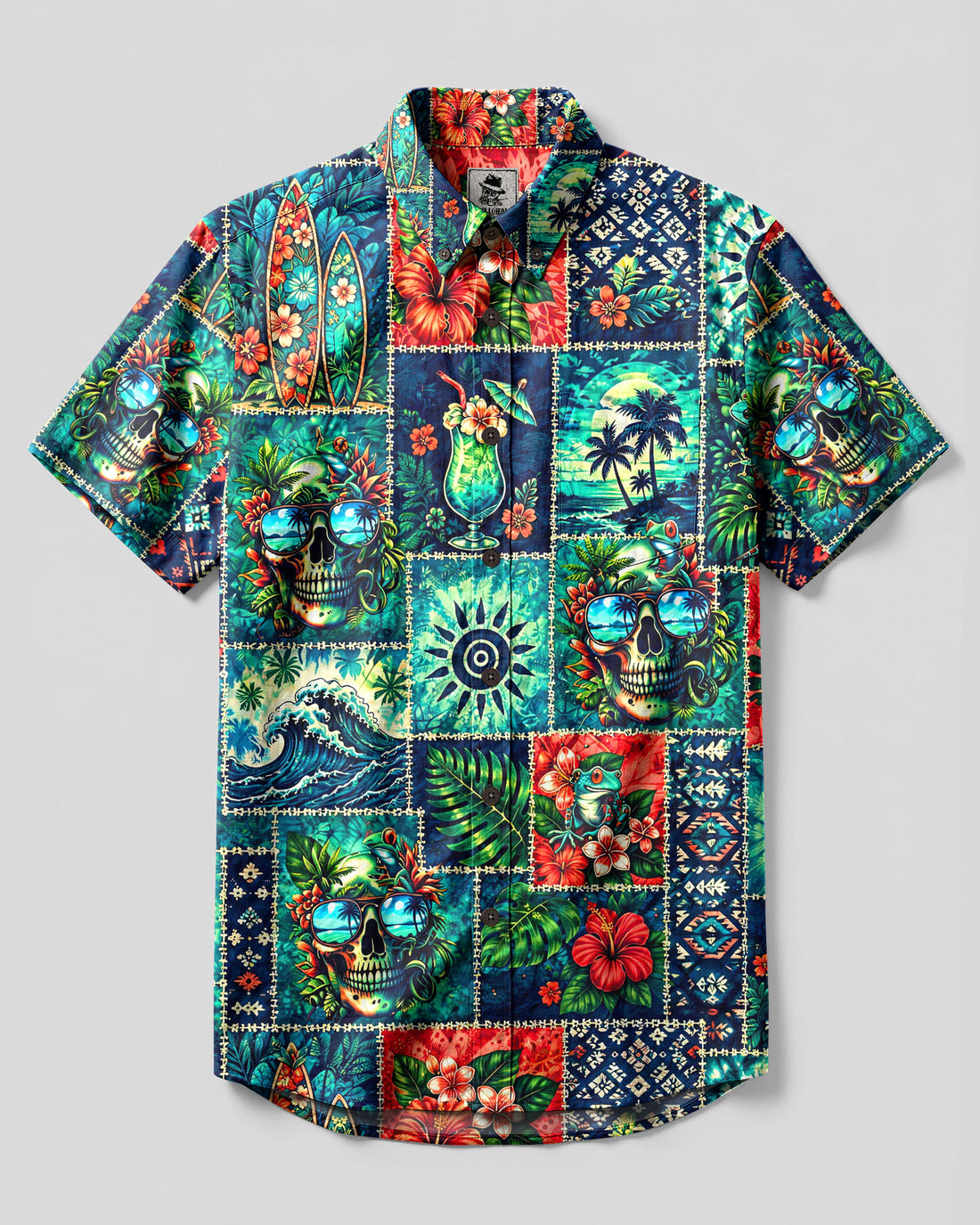 TROPICAL ALOHA SKULL PATCHWORK BUTTON-DOWN COLLAR SHIRT  - TLHG1008262