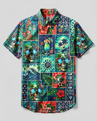 TROPICAL ALOHA SKULL PATCHWORK BUTTON-DOWN COLLAR SHIRT  - TLHG1008262