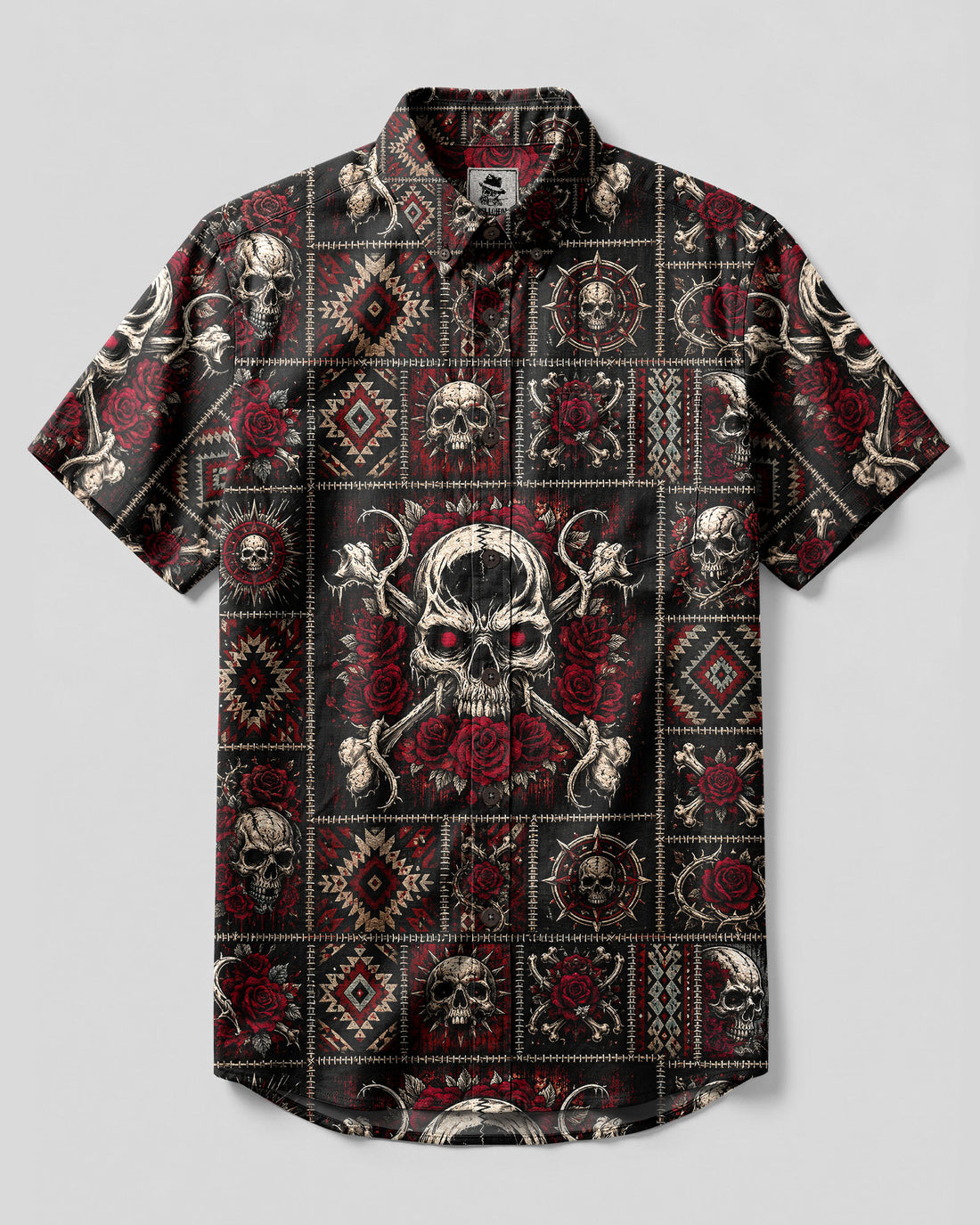 MADLY ROSE SKULL TRIBAL PATCHWORK BUTTON-DOWN COLLAR SHIRT  - TLHG1708262
