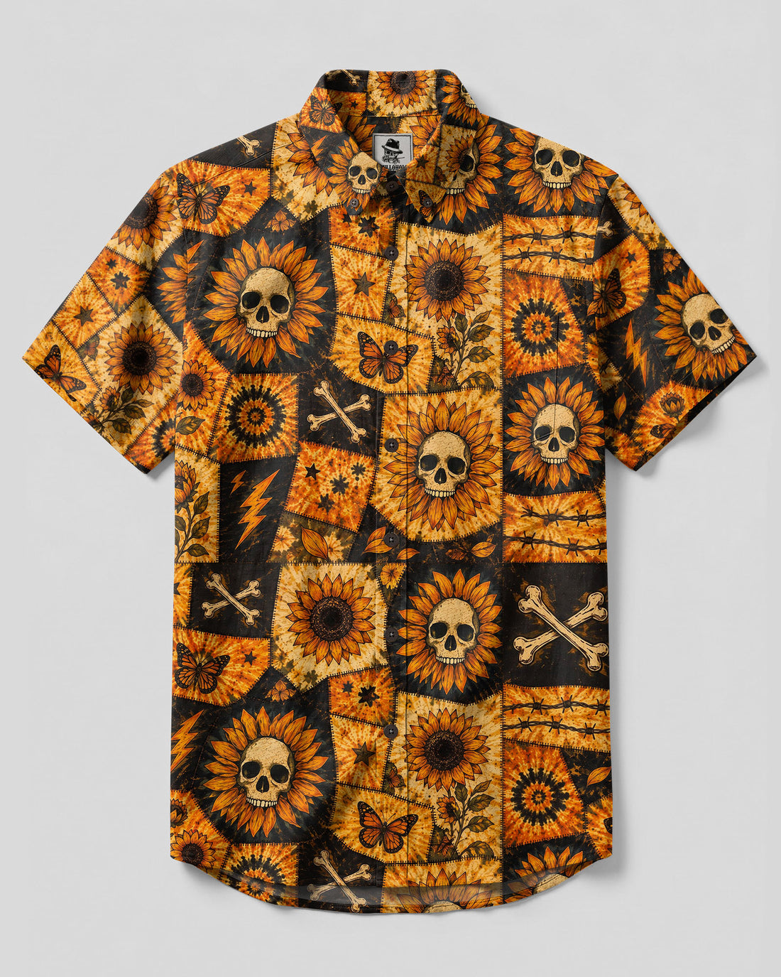SKULL SUNFLOWER PATCHWORK BUTTON-DOWN COLLAR SHIRT  - TLTW0508263