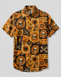 SKULL SUNFLOWER PATCHWORK BUTTON-DOWN COLLAR SHIRT  - TLTW0508263
