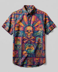 VIBRANT OCEAN SKULL PATCHWORK BUTTON-DOWN COLLAR SHIRT - KMTM1108261