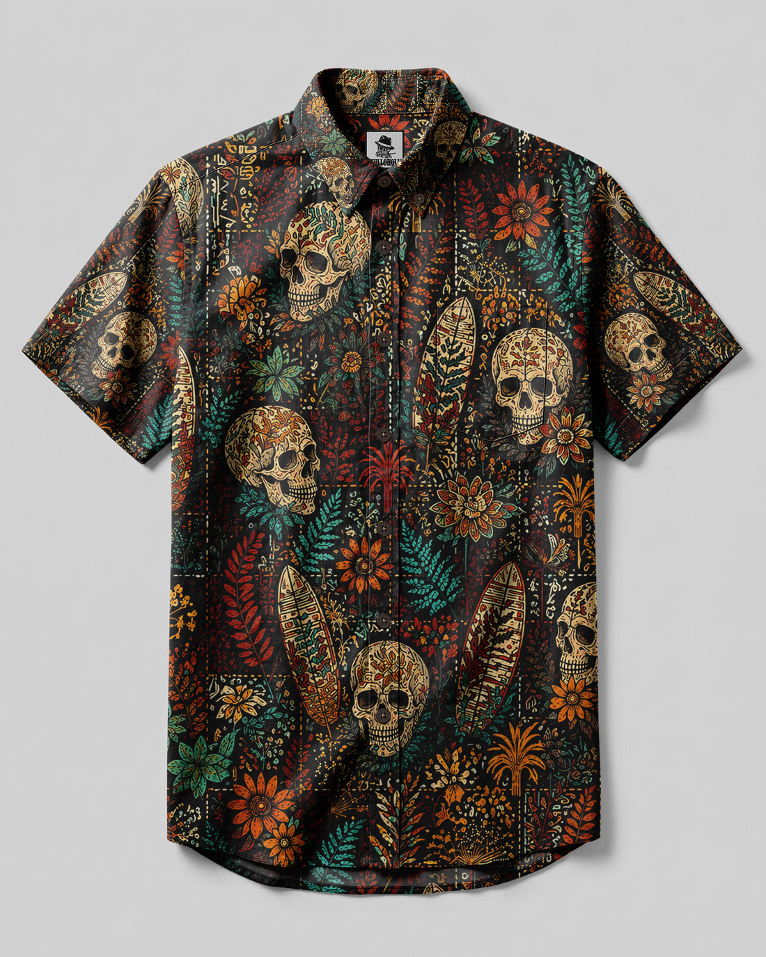 VINTAGE SURF SKULL BOTANICAL BUTTON-DOWN COLLAR SHIRT - KMTM1208261