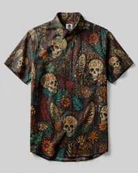VINTAGE SURF SKULL BOTANICAL BUTTON-DOWN COLLAR SHIRT - KMTM1208261