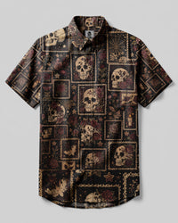 VINTAGE SKULL ROSE PATCHWORK BUTTON-DOWN COLLAR SHIRT SHIRT - KMTM1308262