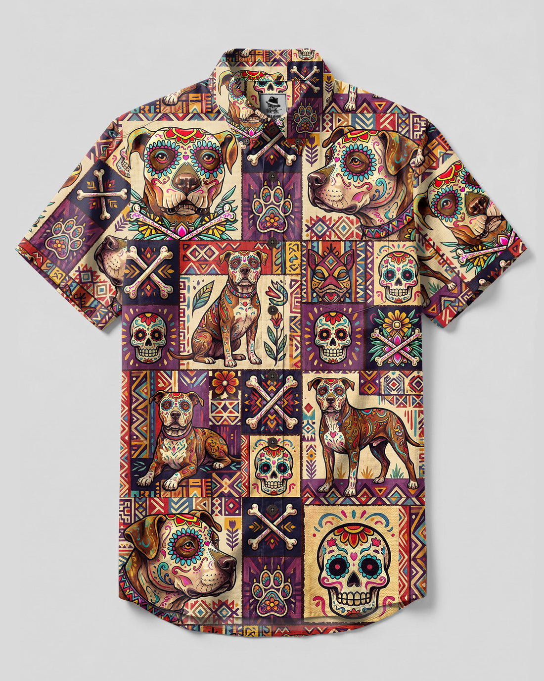 TRIBAL PITBULL DOG PATCHWORK BUTTON-DOWN COLLAR SHIRT  - TLTW0809265