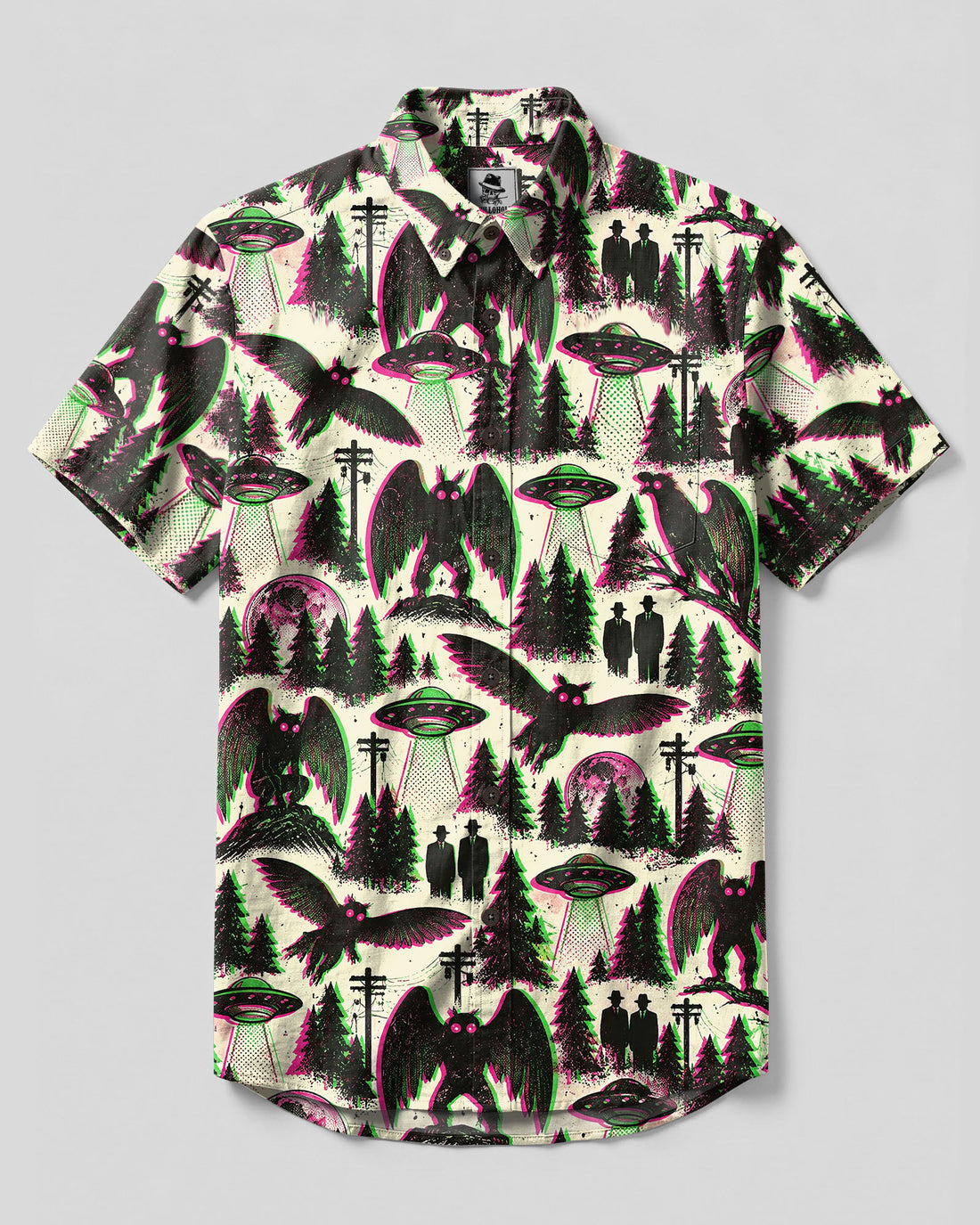 NEON MOTHMAN UFO PATTERN BUTTON-DOWN COLLAR SHIRT - TLTW3009265