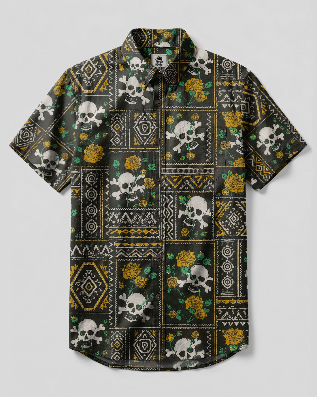 GOTHIC ROSE SKULL TRIBAL PATCHWORK BUTTON-DOWN COLLAR SHIRT  - TLTW0708266