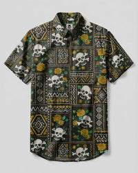 GOTHIC ROSE SKULL TRIBAL PATCHWORK BUTTON-DOWN COLLAR SHIRT  - TLTW0708266