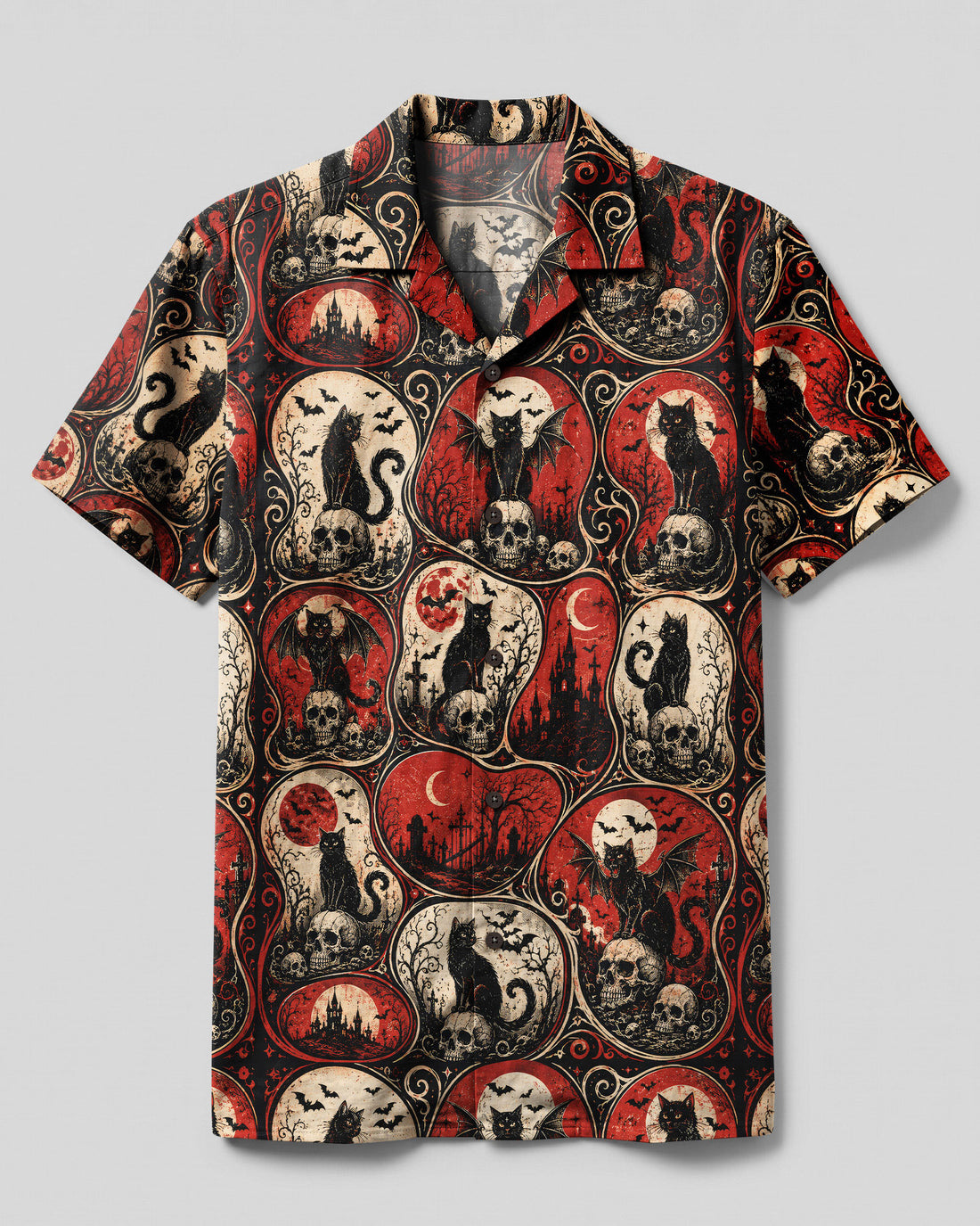 GOTHIC BATS CAT HALLOWEEN PATCHWORK CAMP SHIRT  - TLNO0409267