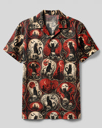 GOTHIC BATS CAT HALLOWEEN PATCHWORK CAMP SHIRT  - TLNO0409267