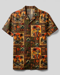 TROPICAL SKELETON SUNSET PATCHWORK CAMP SHIRT  - TLTW0408265