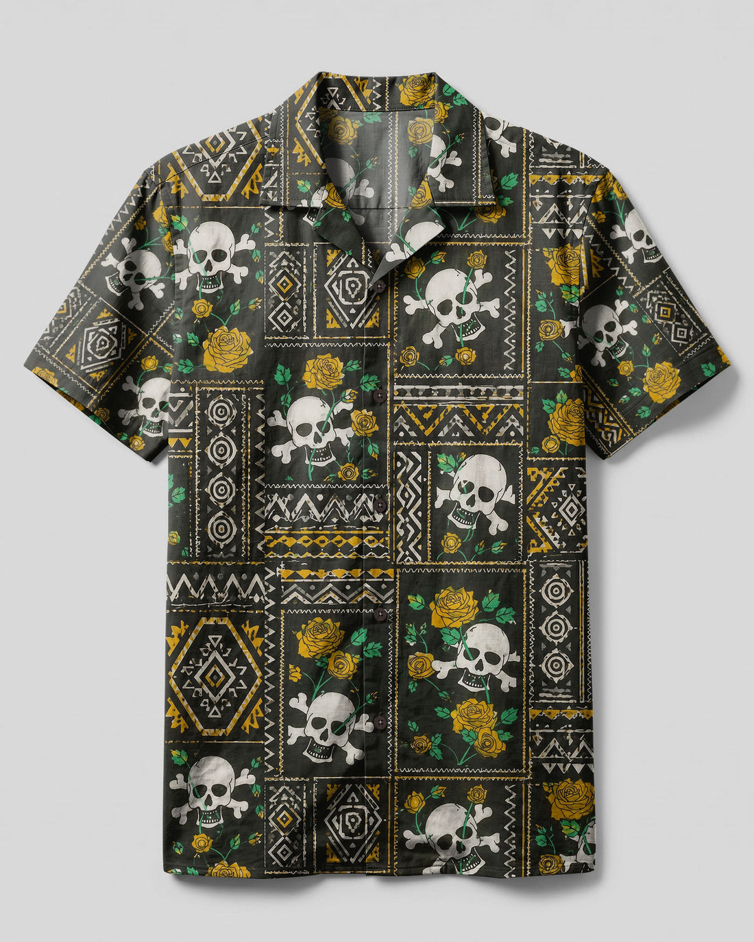 GOTHIC ROSE SKULL TRIBAL PATCHWORK CAMP SHIRT  - TLTW0708265