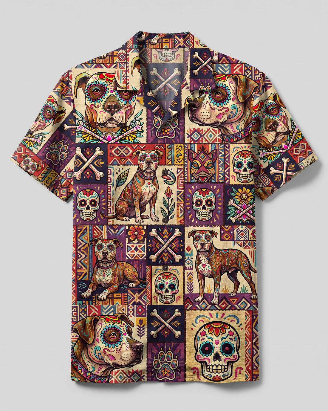 TRIBAL PITBULL DOG PATCHWORK CAMP SHIRT  - TLTW0809264