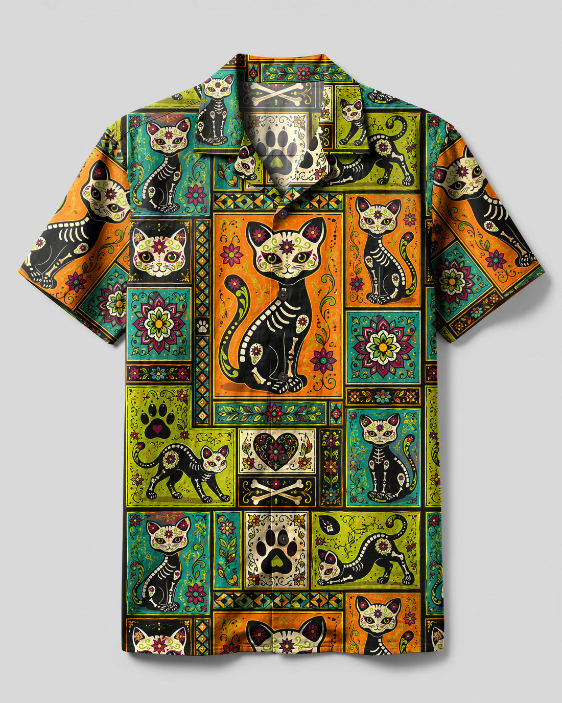 DIA DE LOS MUERTOS BLACK CAT MOSAIC CAMP SHIRT - TLHG1809266