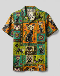 DIA DE LOS MUERTOS BLACK CAT MOSAIC CAMP SHIRT - TLHG1809266