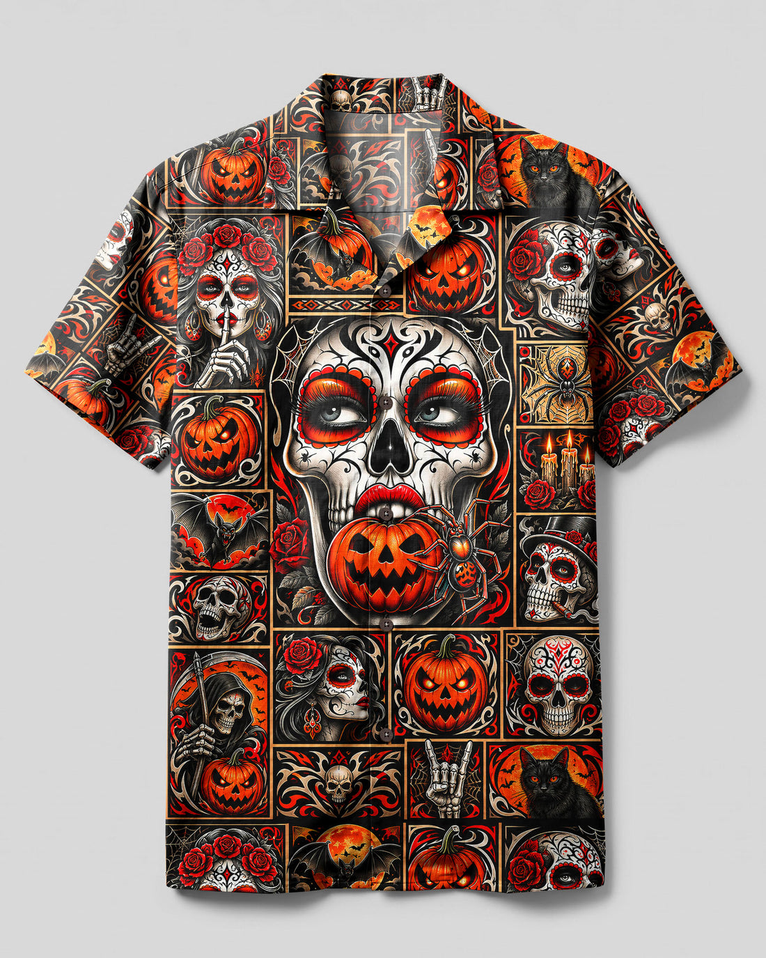 SUGAR SKULL DAY OF THE DEAD HALLOWEEN PATCHWORK CAMP SHIRT  - TLNT0409265