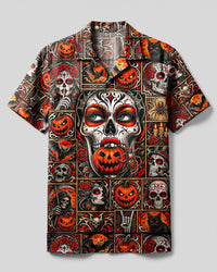 SUGAR SKULL DAY OF THE DEAD HALLOWEEN PATCHWORK CAMP SHIRT  - TLNT0409265