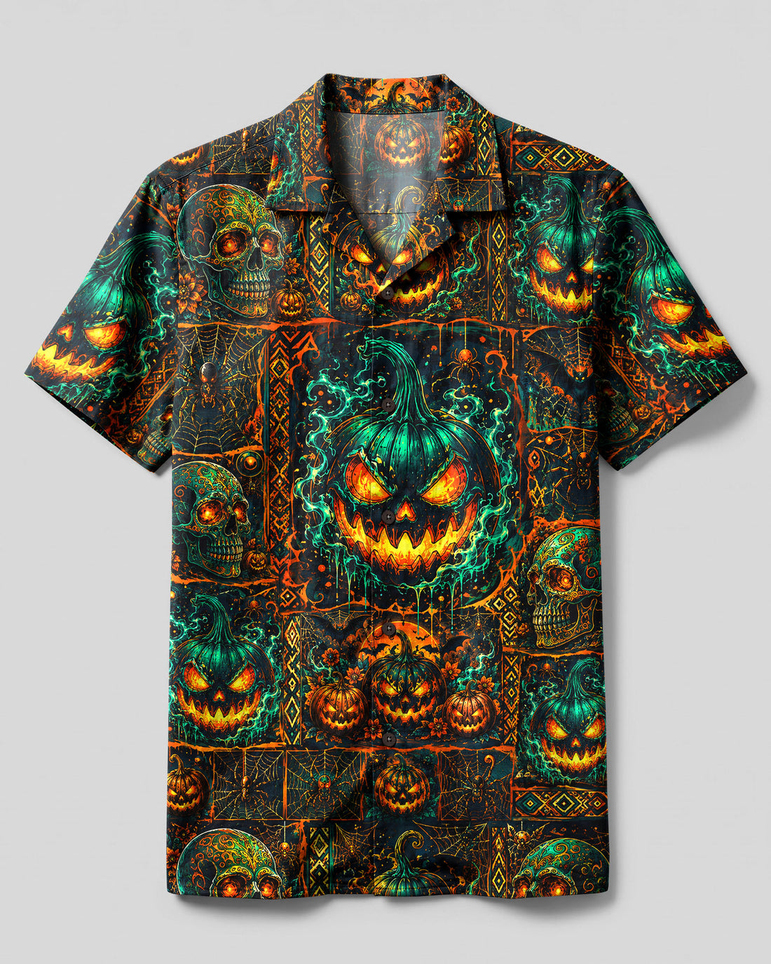 SKULL PUMPKIN HALLOWEEN PATCHWORK CAMP SHIRT  - TLHG0309268