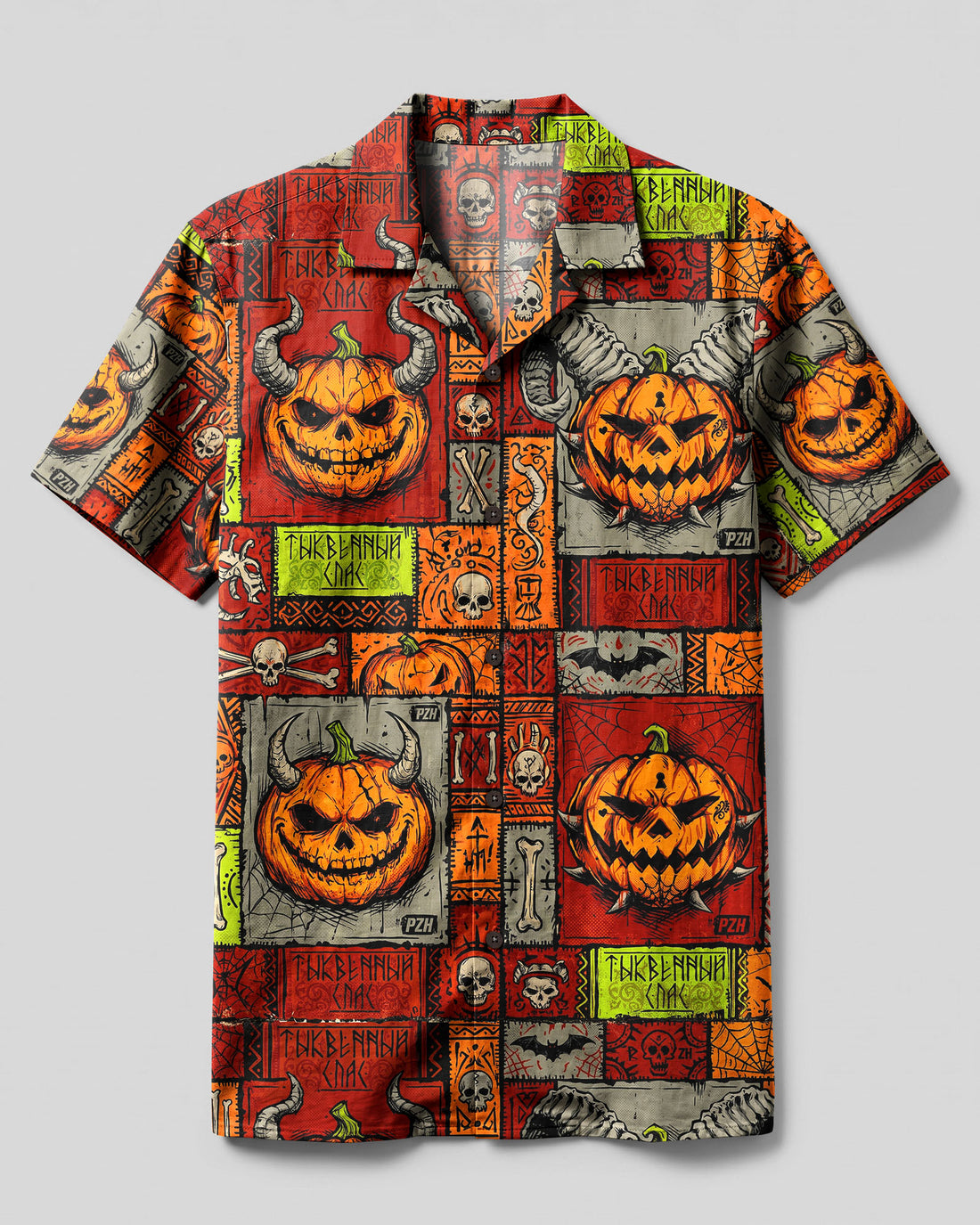 TRIBAL DEMON PUMPKIN HALLOWEEN MOSAIC CAMP SHIRT  - TLHG2908262