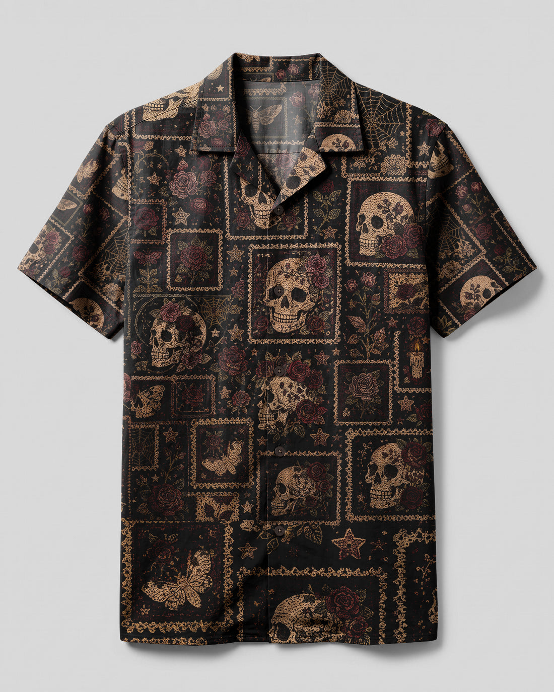 VINTAGE SKULL ROSE PATCHWORK CAMP SHIRT - KMTM1308261