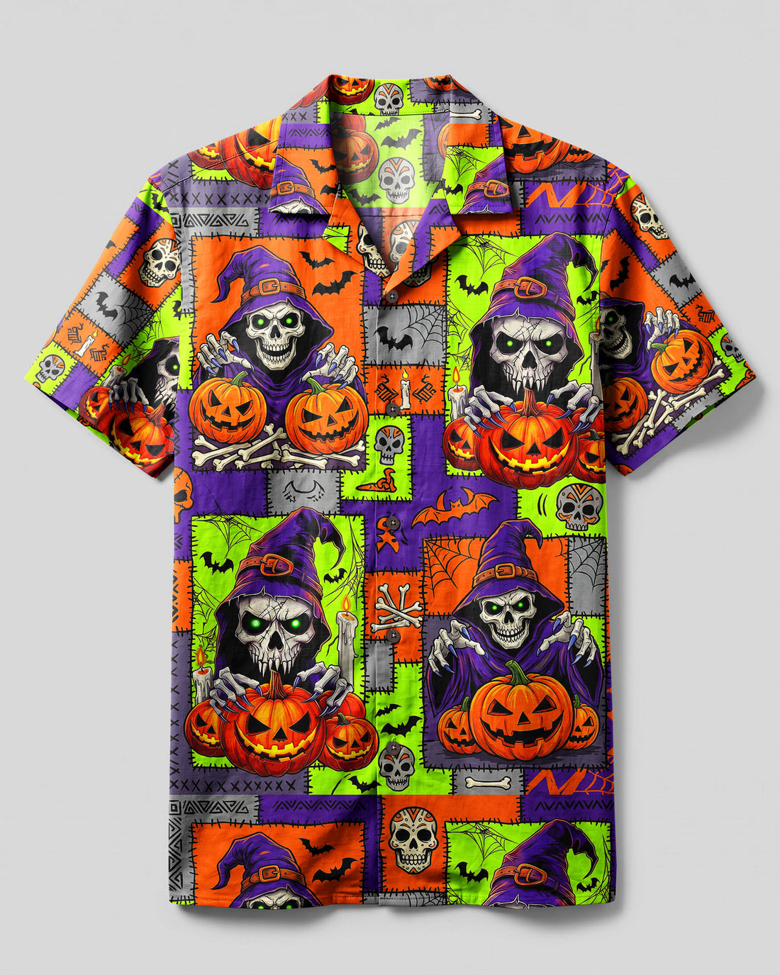 SKULL WITCHY HALLOWEEN PATCHWORK CAMP SHIRT  - TLNT03092614