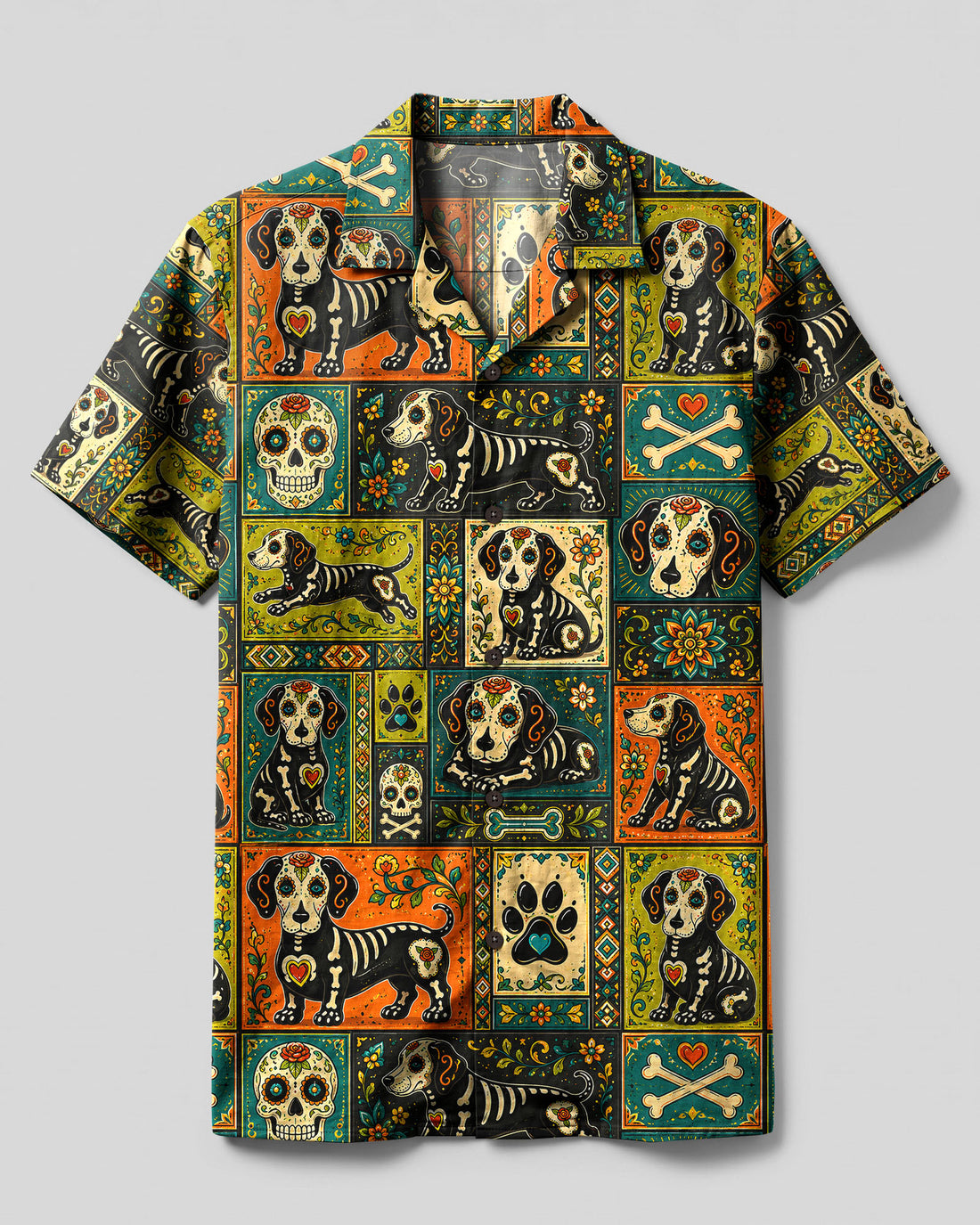 SUGAR SKULL DACHSHUND DOG PATCHWORK CAMP SHIRT  - TLHG0409261