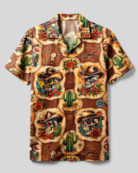 COWBOY SKULL WESTERN PATCHWORK CAMP SHIRT  - TLNT04092611