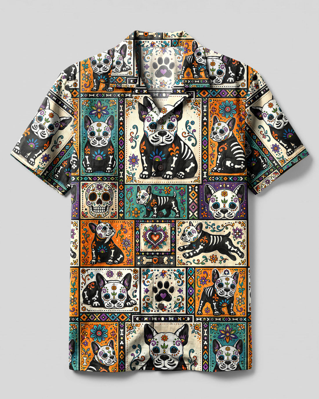 SUGAR SKULL FRENCH BULLDOG PATCHWORK CAMP SHIRT  - TLHG0309265