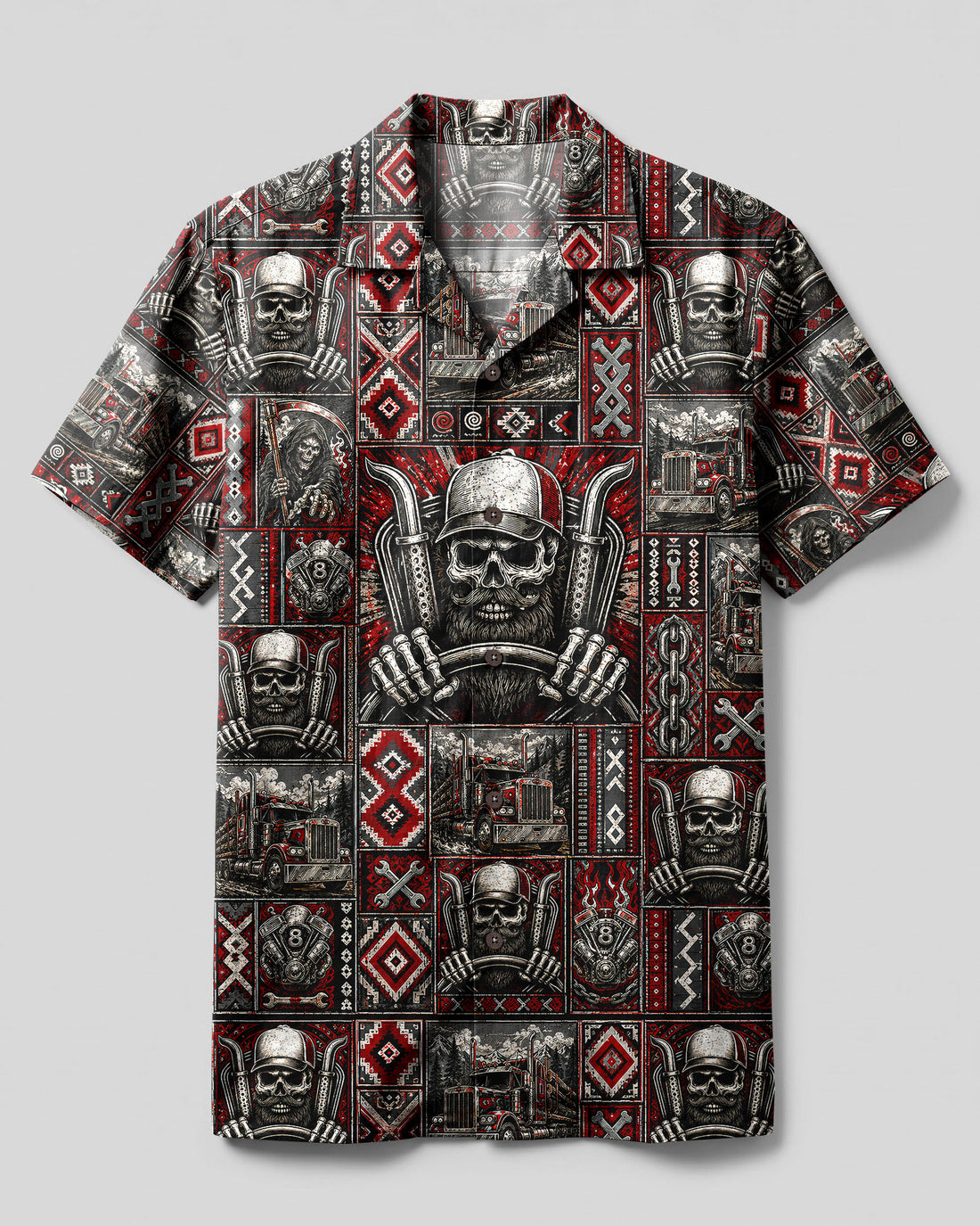 HIGHWAY TRIBAL SKULL TRUCKER PATCHWORK CAMP SHIRT  - TLNT2608263